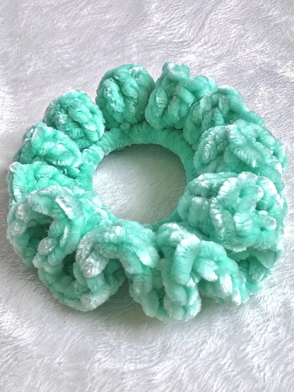 PinkRainCloud Handmade Mint Green Velvet Crochet Hair Scrunchie Soft Hair Tie